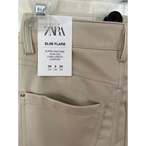 ZARA Faux Leather Super High Rise Slim Flare Pants Slit Size 2 34 Long Beige - Picture 8 of 14